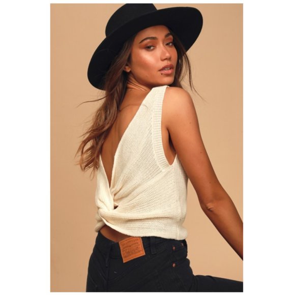 Lulus Tops - Lulu's Let's Get Away Cream Knit Twist Back Tank Top Size S